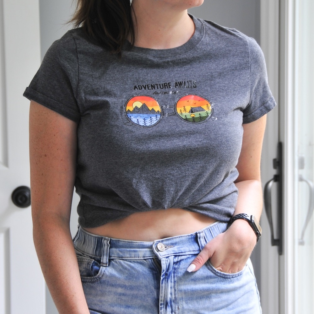 Grey Graphic Tee “Adventure Awaits and I Must Go!”